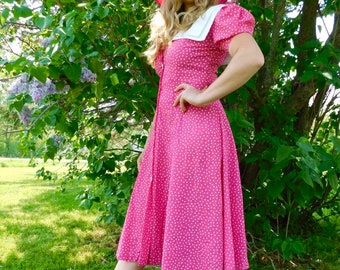 1980s Pink Polka Dot Cotton Button Dress with White Collar and Puff Sleeves size M