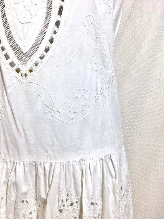 Vtg Romantic Cotton Lace Cutout Drop Waist Dress … - image 8