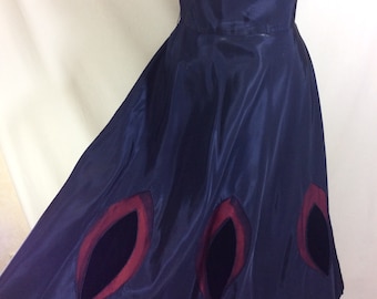 1950s Navy Blue A-Line Dress with Shoulder Cutouts and Sheer Red Blocked Skirt Details size M