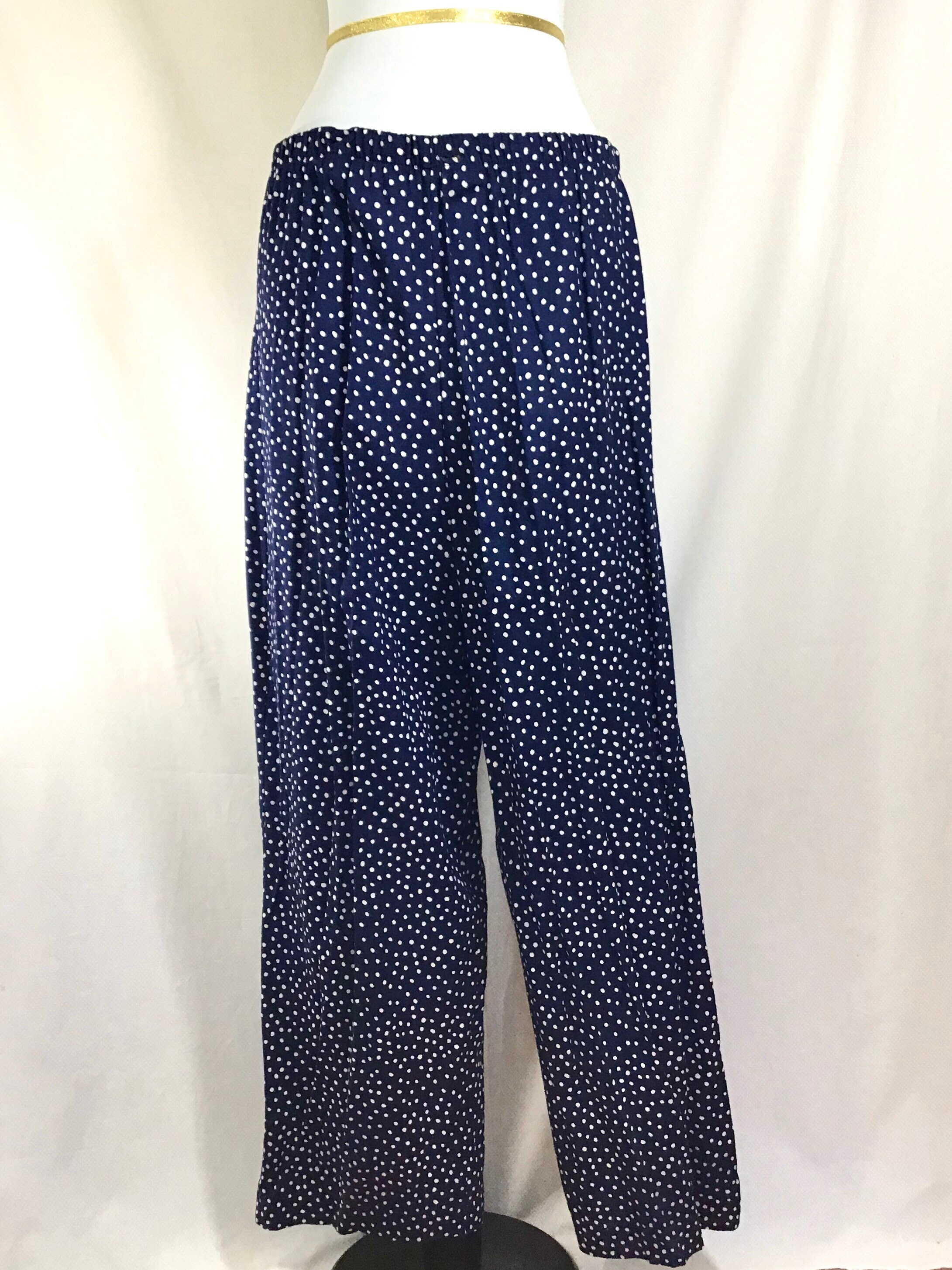 1970s High Waisted Wide Leg Navy Polka Dot Lightweight Pants with ...