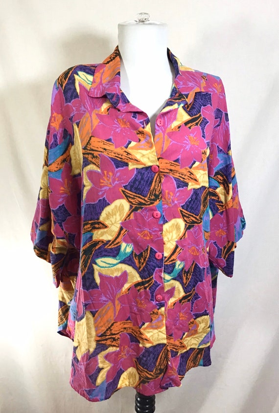 1980s Palm Beach Slouchy Tropical Short Sleeve Bu… - image 1