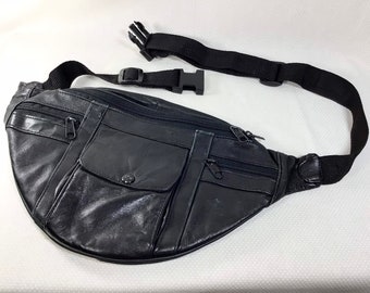 1990s Black Leather Fanny Pack with Several Compartments and Adjustable Belt (up to 44” waist)