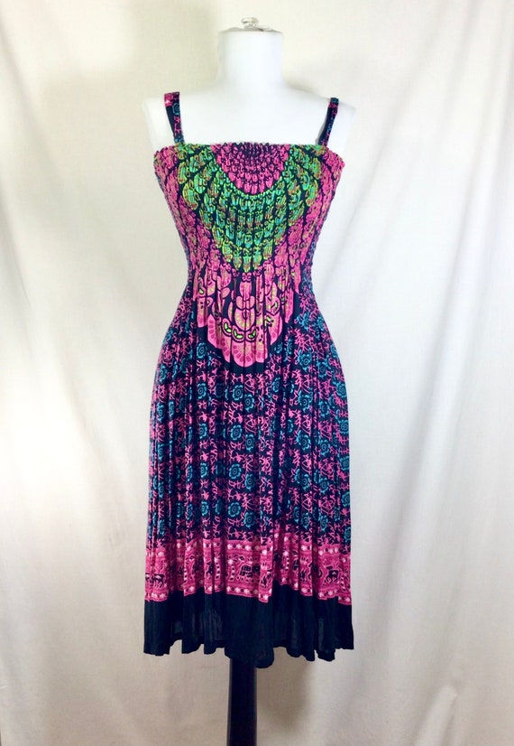 1990s Trippy Rayon Rouched Sundress with Psychede… - image 1