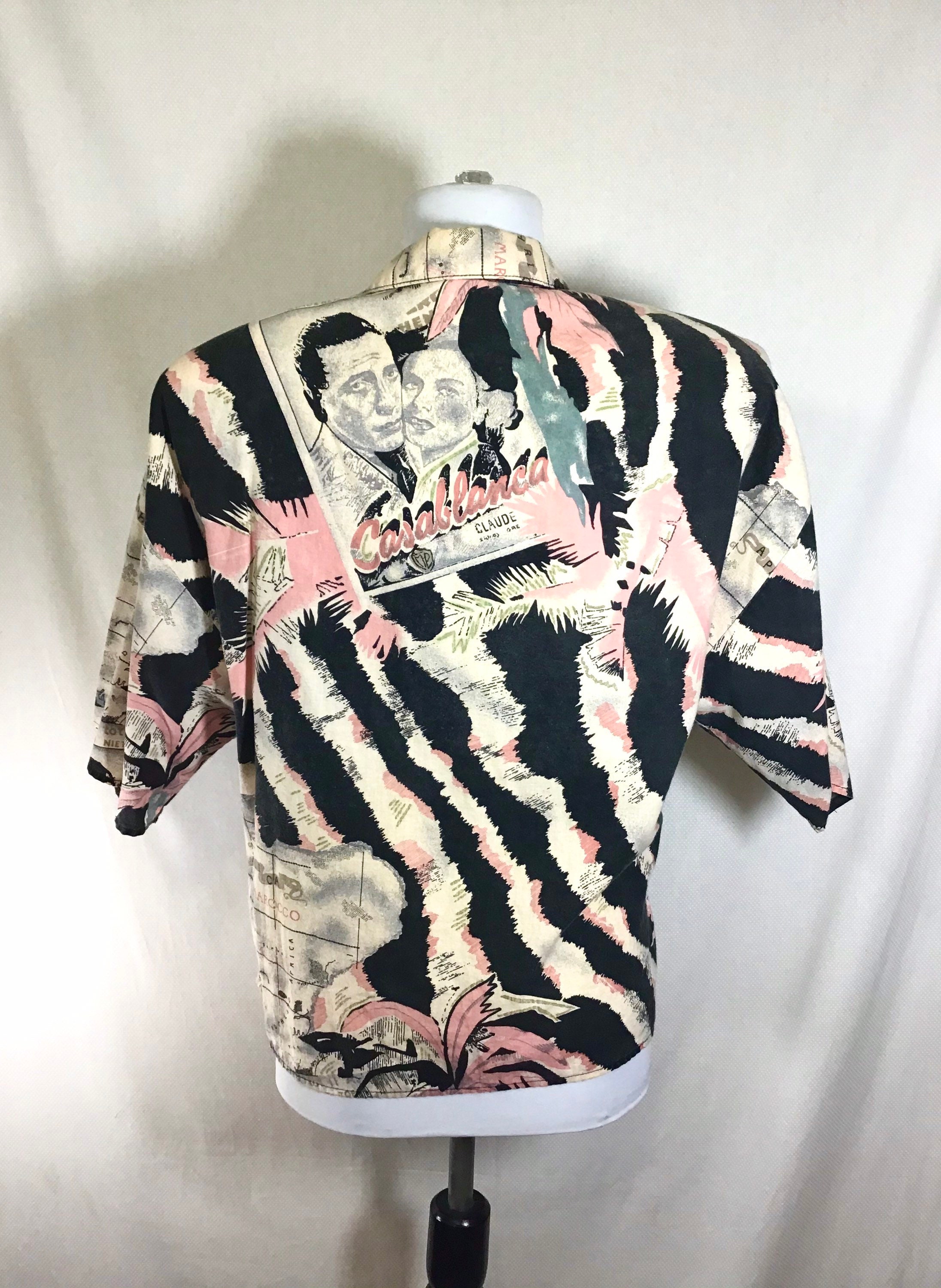 1980s Casablanca Zebra Palm Print Short Sleeve Button Up Top size M