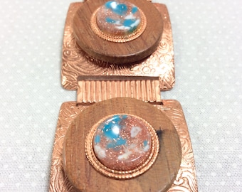 1960s Copper Link Bracelet with Confetti Lucite and Wooden Medallions
