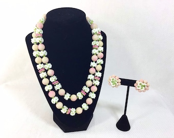 1950s Spring Flower Beaded Necklace and Cluster Earring Set
