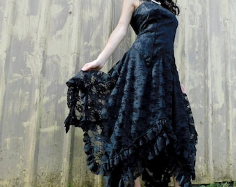 80s Handkerchief Hem Black Lace Ruffle Señorita Dress with Sheer Sweetheart Neckline size S