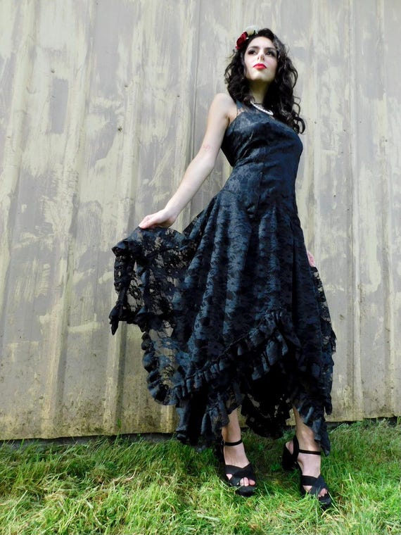 80s Handkerchief Hem Black Lace Ruffle Señorita Dress With Sheer