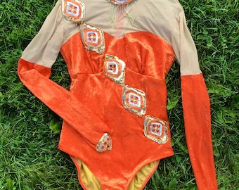 Vtg Sequin Diamond Crushed Velvet Dance Leotard with Nude Mesh and Jewels size M