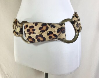 80s/90s Horse Hair Leopard Print Belt with Antique Brass Rings size 31”- 38”