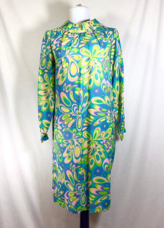 1960s Psychedelic Floral Print Long Sleeve Shift … - image 1