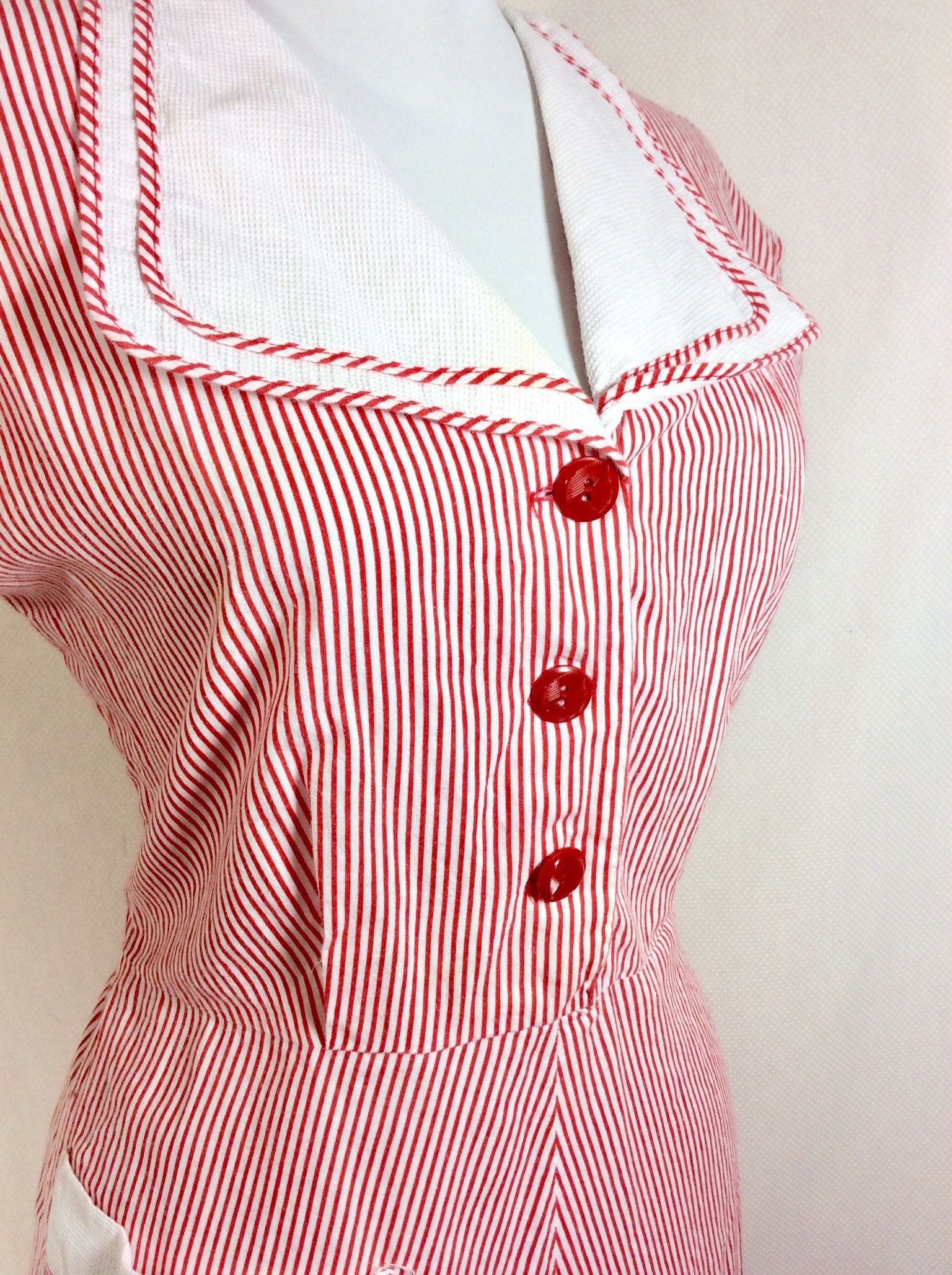1940s Striped Cotton Nurse Dress with Short Sleeves and Cherry Red ...