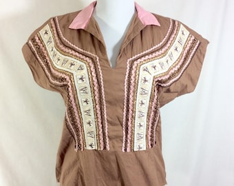 1960s Mexican Huipil Top with Mayan Symbols and Scalloped Trim size S