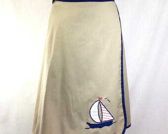 1970s Tan and Navy Sailboat Nautical Wrap Skirt size S