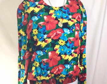 1990s Vibrant Rayon Floral Long Sleeved Blouse with Elastic Waist and Keyhole Neck size M