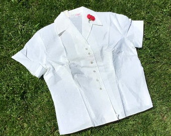 1950s New Old Stock Dotted Button-Up Blouse with Fabric Flower Embellishment size M/L