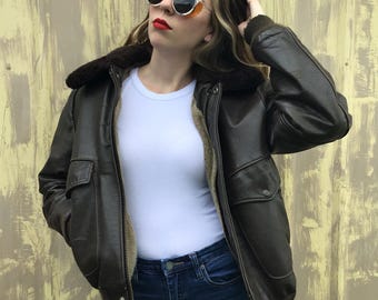 1960s Brown Leather Pilot’s Bomber Jacket with Aviation Pin! Size XS/S