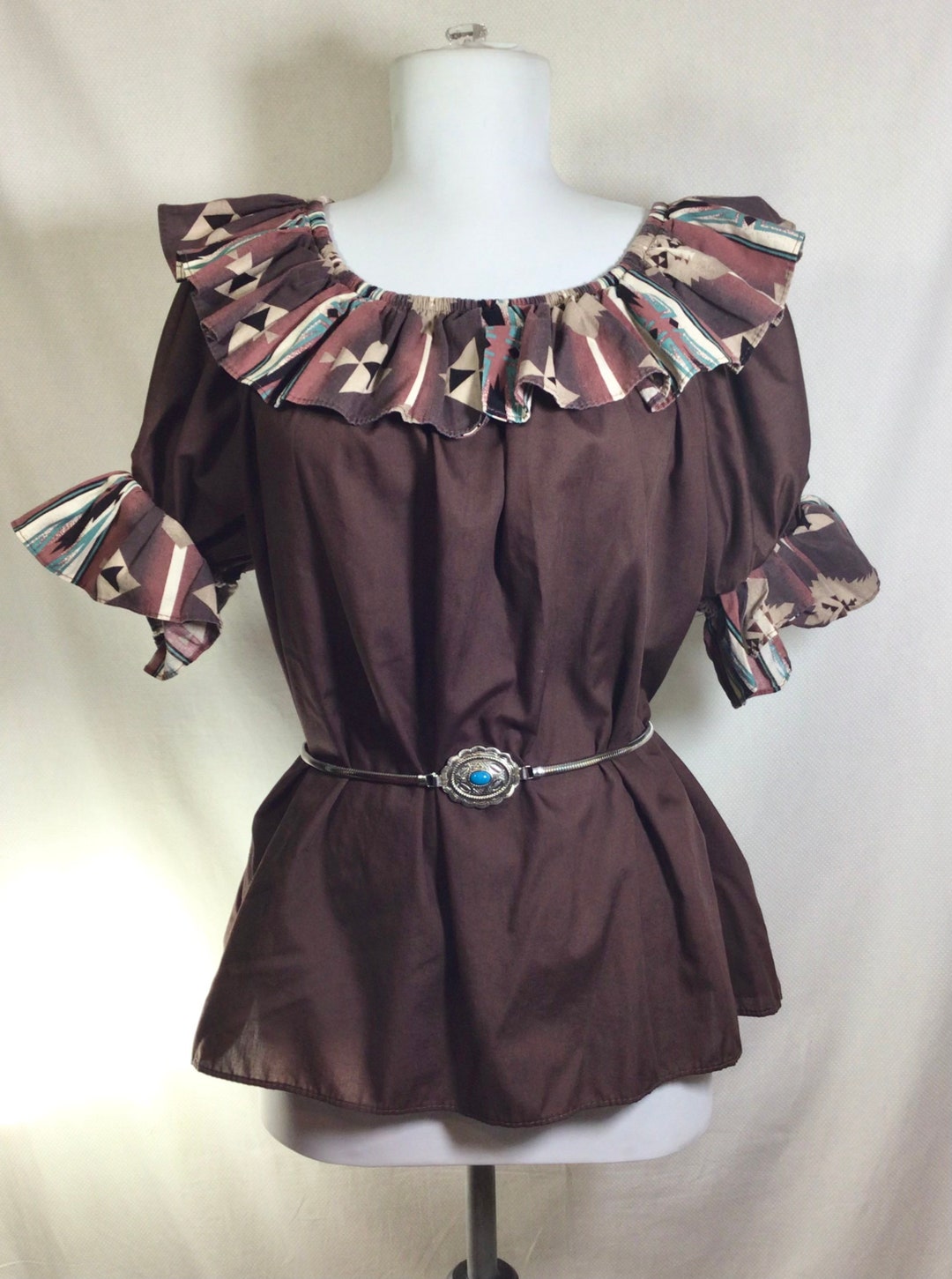 1980s Southwestern Elastic Ruffle Square Dance Blouse Size L Etsy Canada