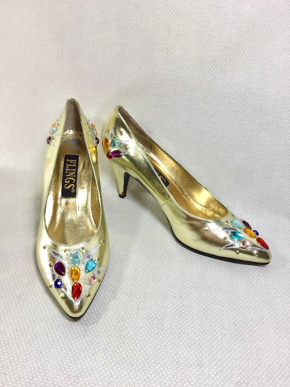 1980s Jeweled Gold Leather Stiletto Pumps size 7