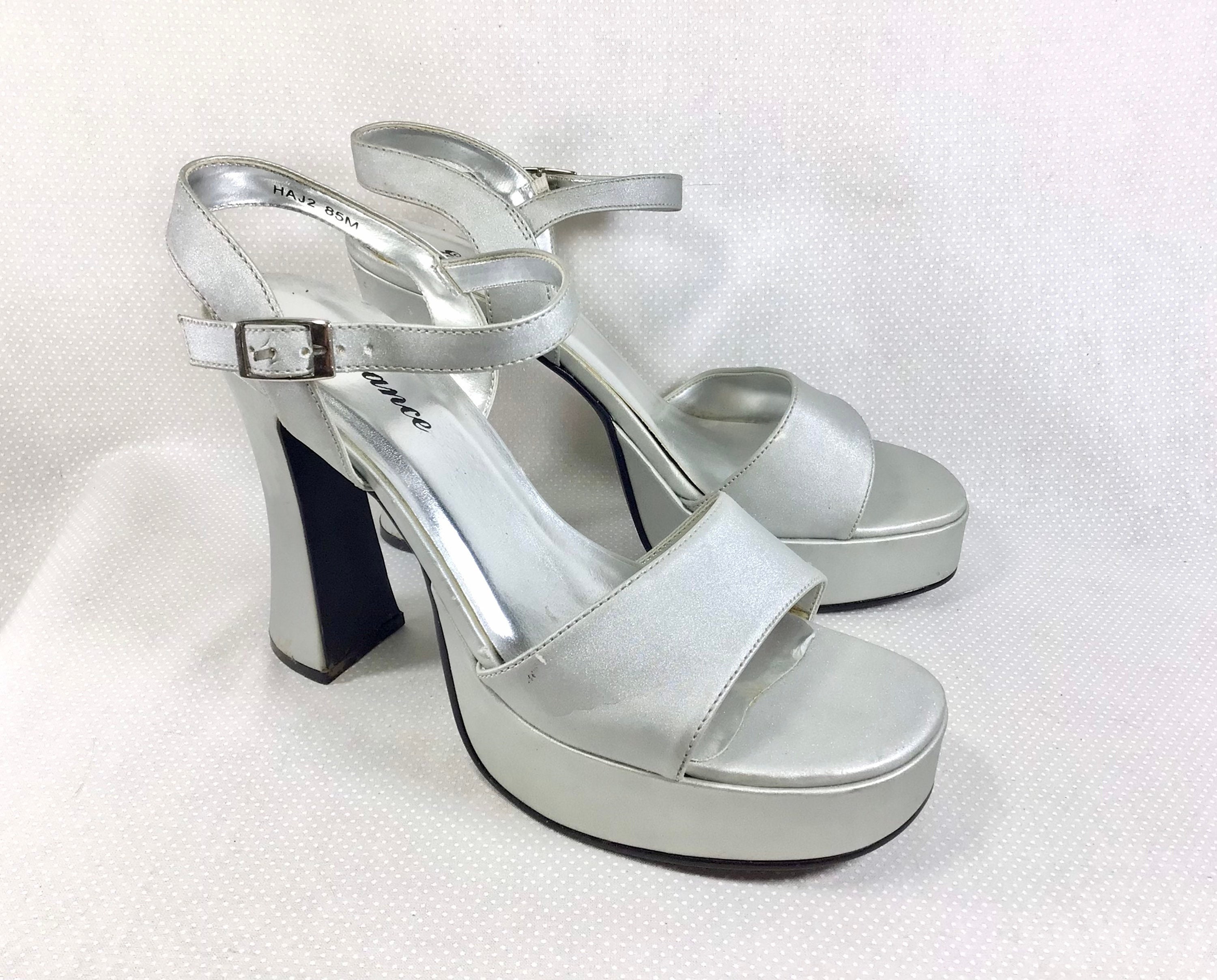 Silver Pu Diamante Platform Heeled Sandals | PrettyLittleThing USA