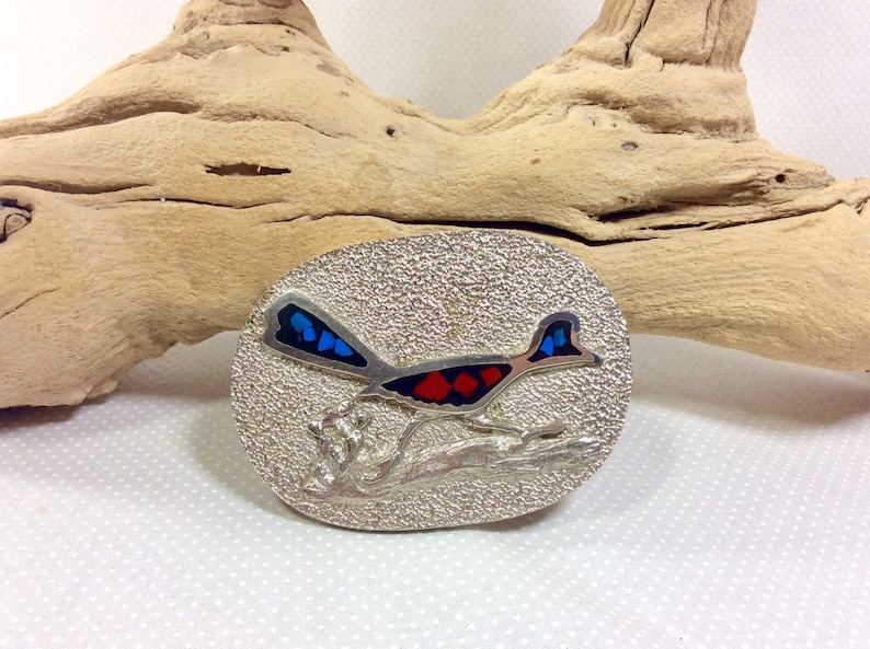 1970s Roadrunner Belt Buckle with Turquoise and Coral Inlays