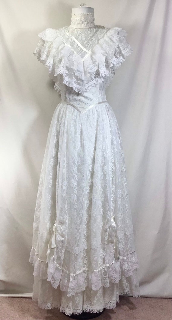 1970s Boho Lace Jessica McClintock Wedding Dress size… - Gem