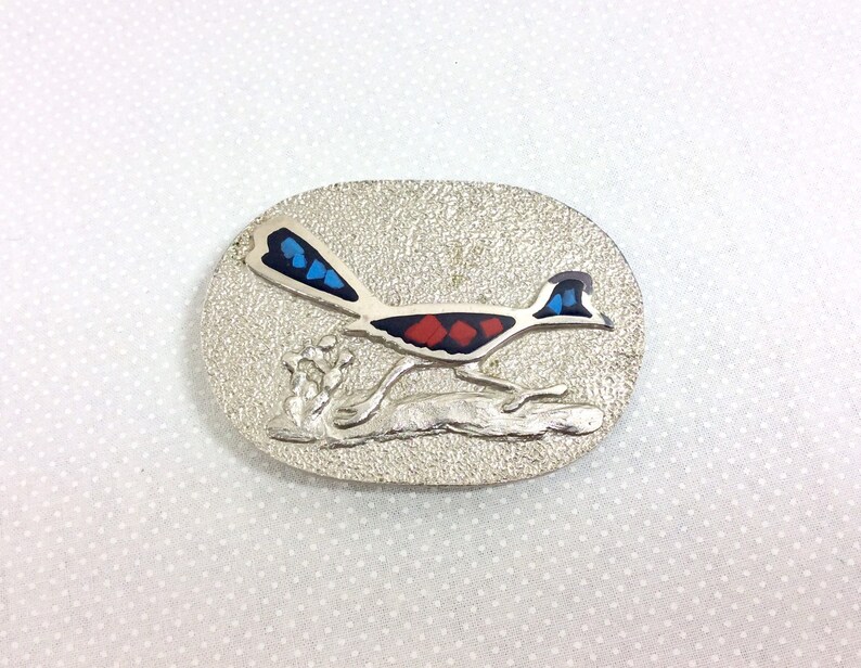 1970s Roadrunner Belt Buckle with Turquoise and Coral Inlays