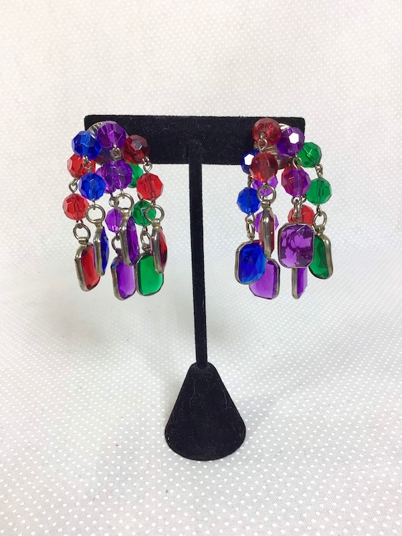 1980s Jewel Tone Dangly Cluster Earrings