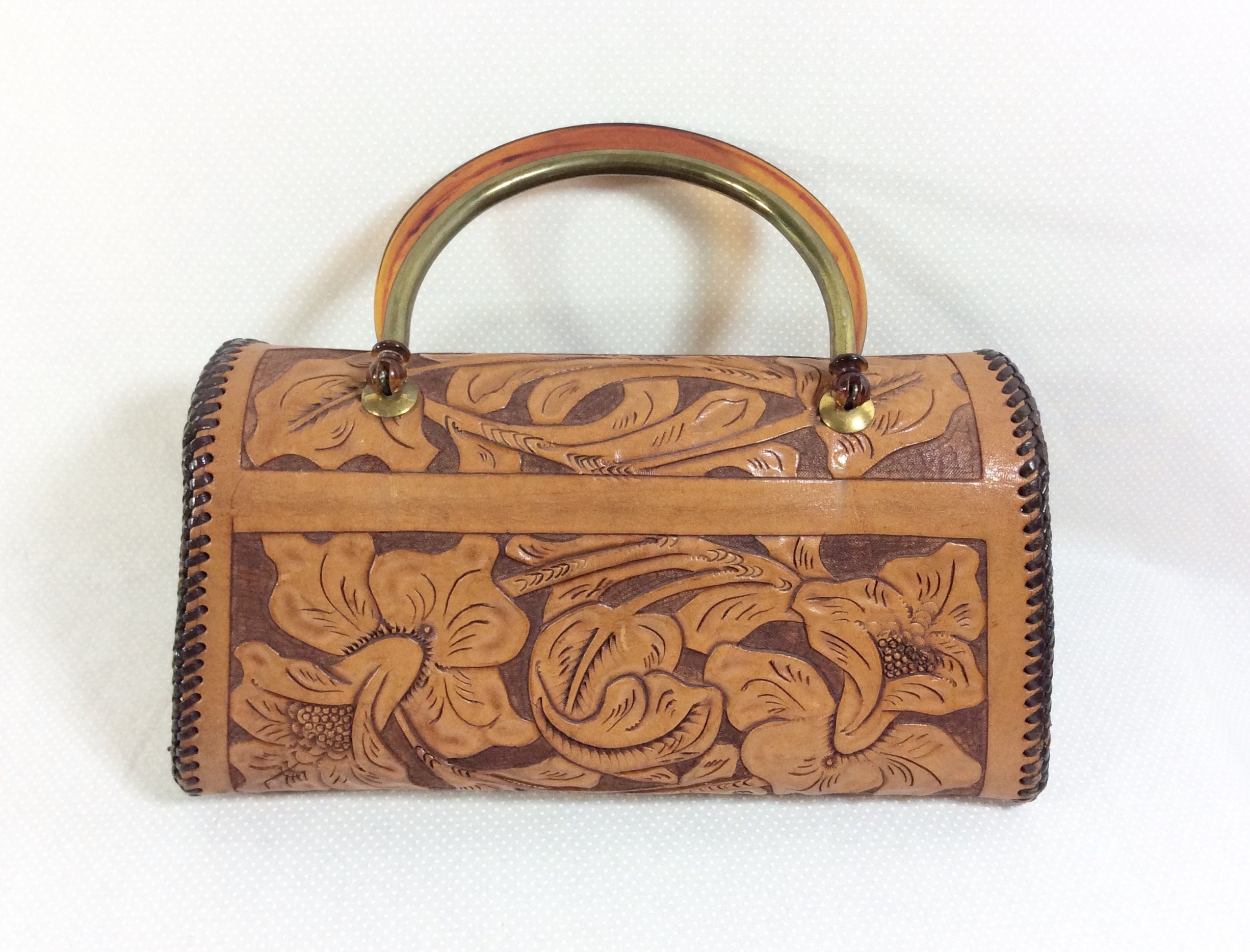 RESERVED- 1960s Tooled Leather Handbag with Tortoise Lucite Handle
