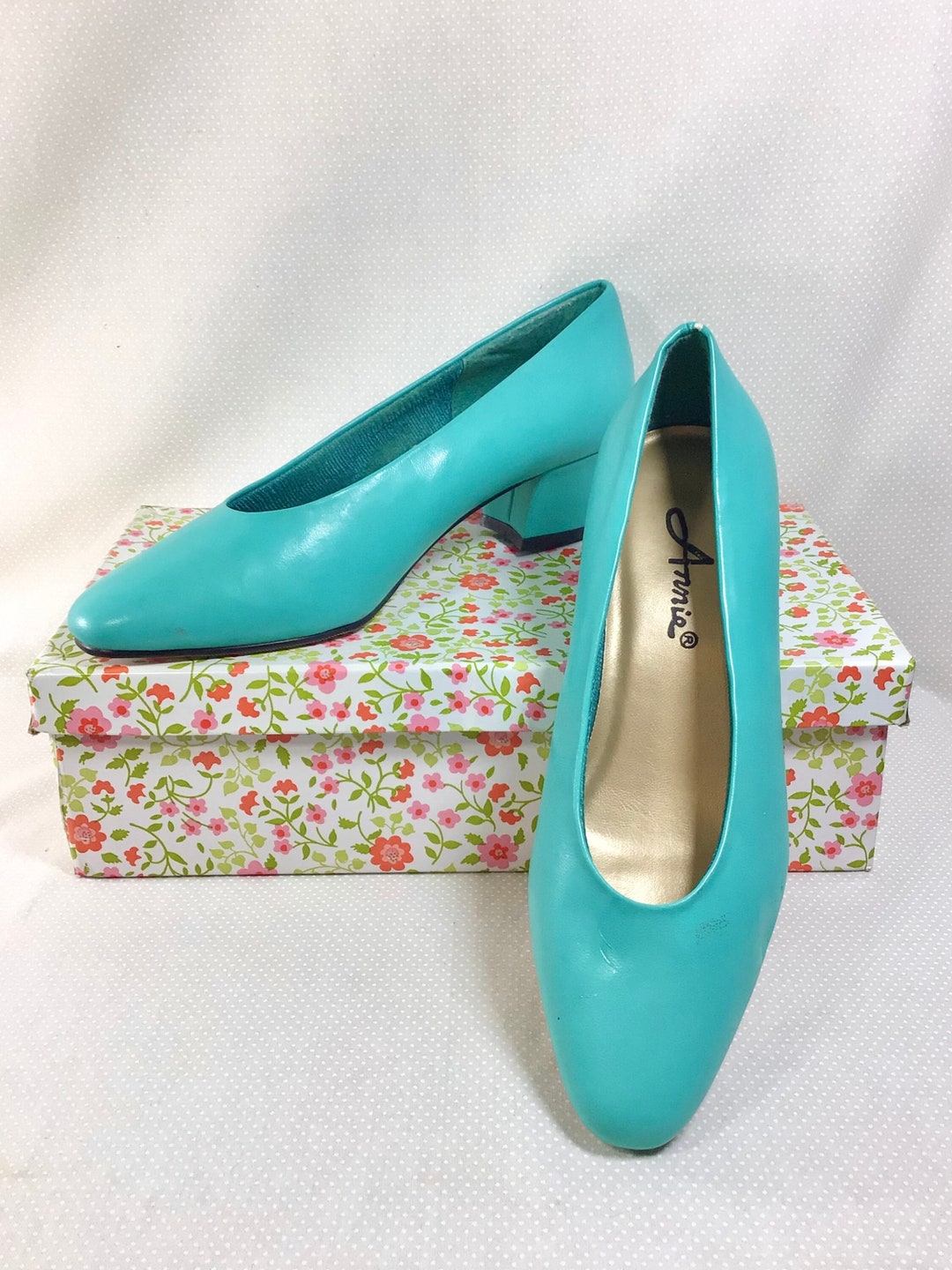 1980s Teal Chunky Heel Pleather Pumps and Original Box Size 6M - Etsy