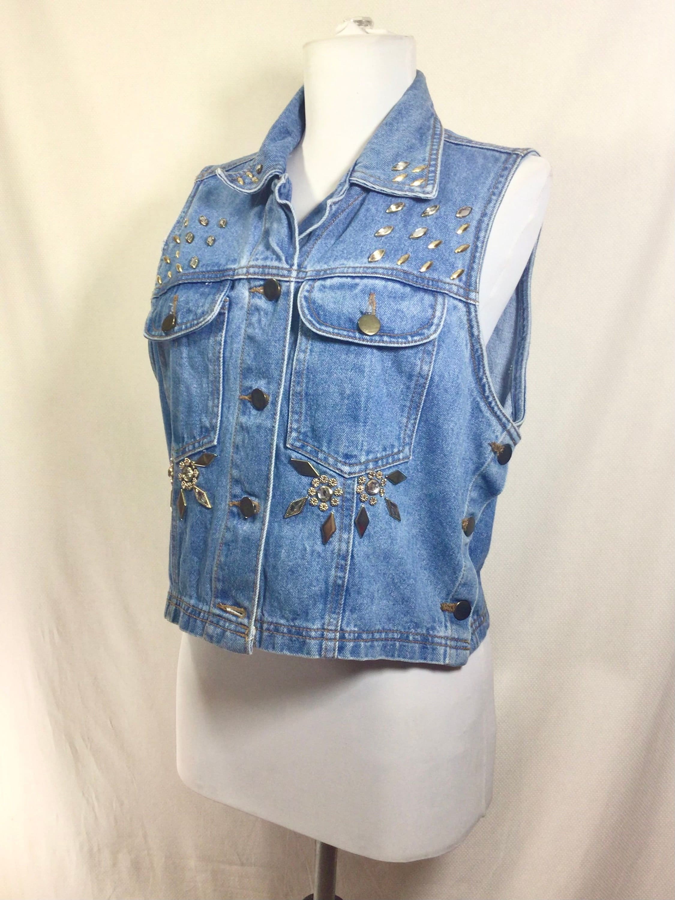 1980s Jeweled Medium Wash Denim Vest with Chest Pockets size M