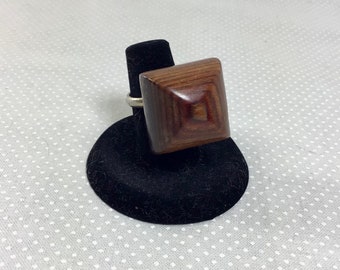 1970s Adjustable Groovy Wooden Block Bauble Statement Ring