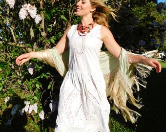 Vtg Romantic Cotton Lace Cutout Drop Waist Dress size S