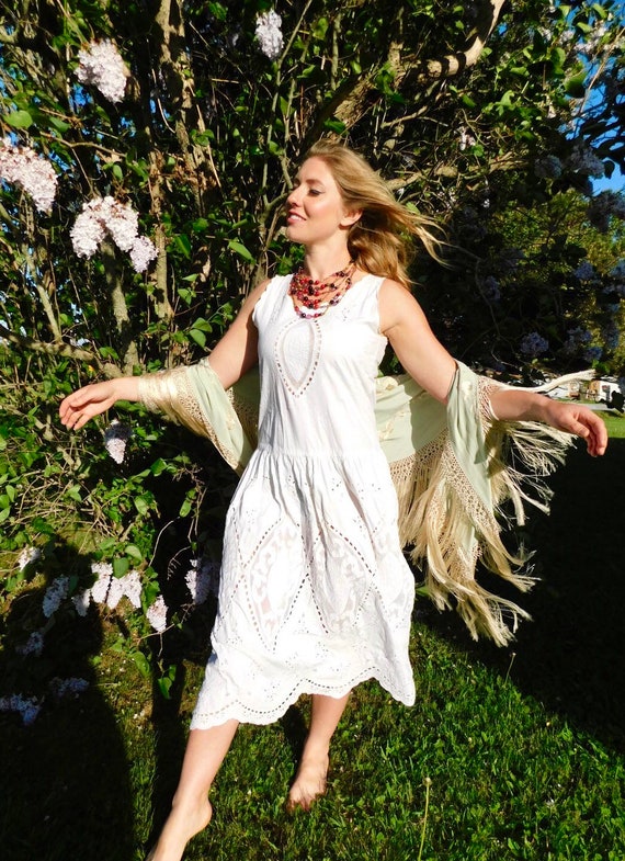Vtg Romantic Cotton Lace Cutout Drop Waist Dress … - image 1