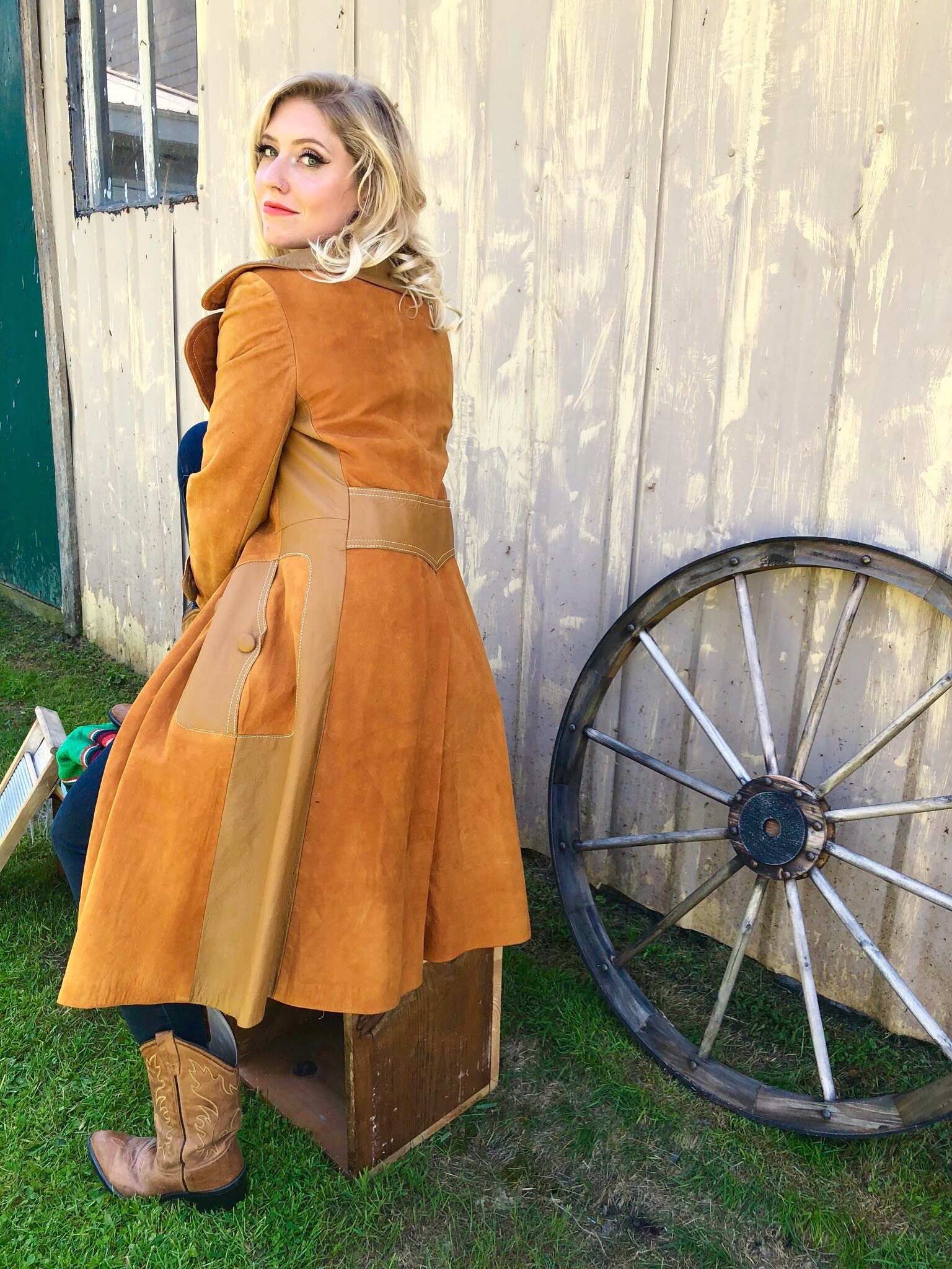 1960s Mustard Leather and Suede Blocked Western Duster Jacket size S