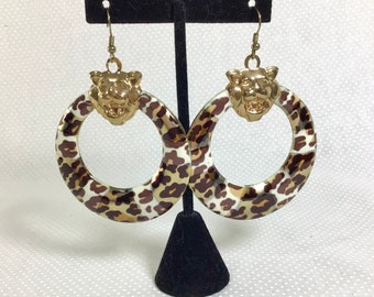 1990s Tiger Head Leopard Print Hoop Earrings