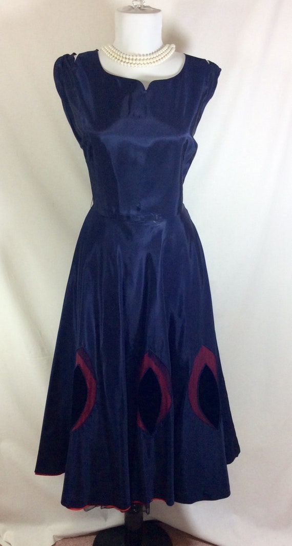 1950s Navy Blue A-Line Dress with Shoulder Cutout… - image 1