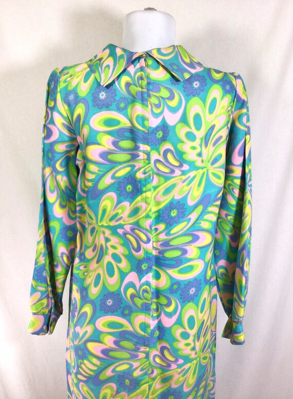 1960s Psychedelic Floral Print Long Sleeve Shift … - image 6