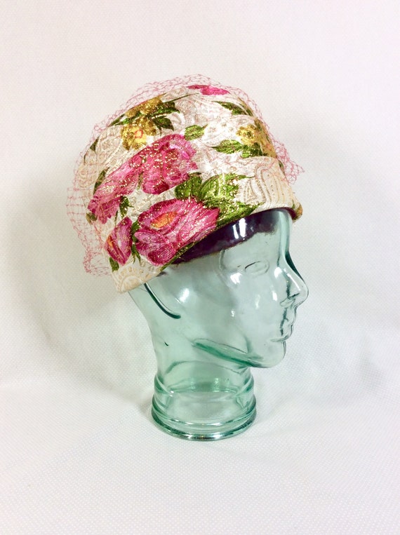 1960s Metallic Floral UNION MADE Cloche Hat with F