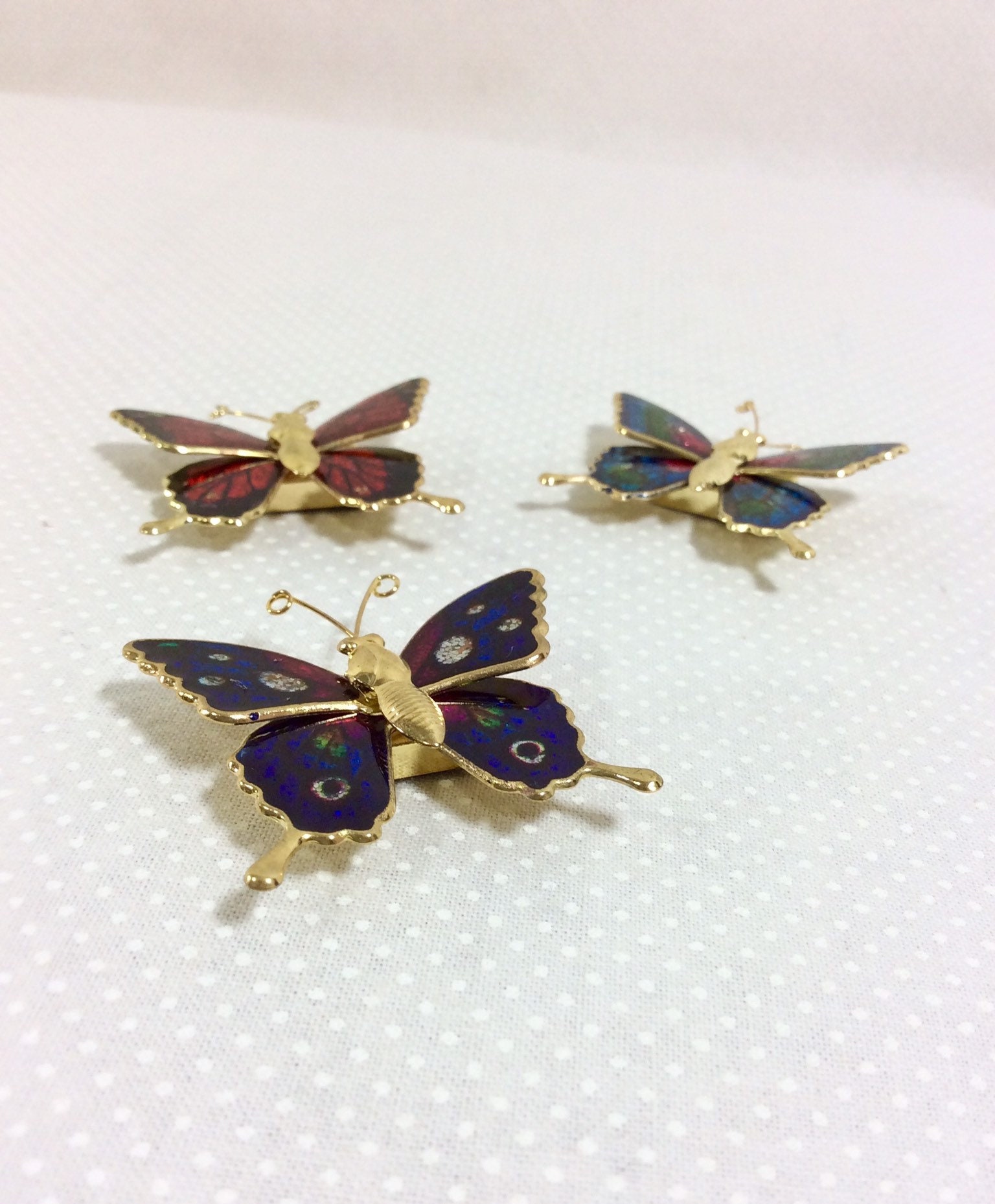 Set of 3 Colorful Enameled Butterfly Pins Gold Tone