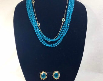 1960s Teal Love Bead and Groovy Gold Necklace and Earrings Set