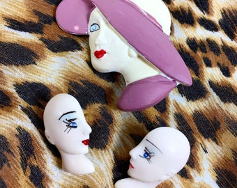 Vtg Macabre Ceramic Painted Lady Head Brooch and Earrings Set