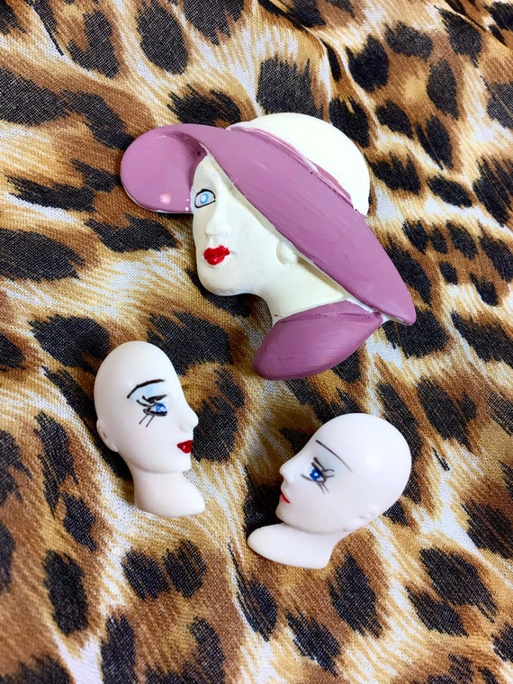 Vtg Macabre Ceramic Painted Lady Head Brooch and E