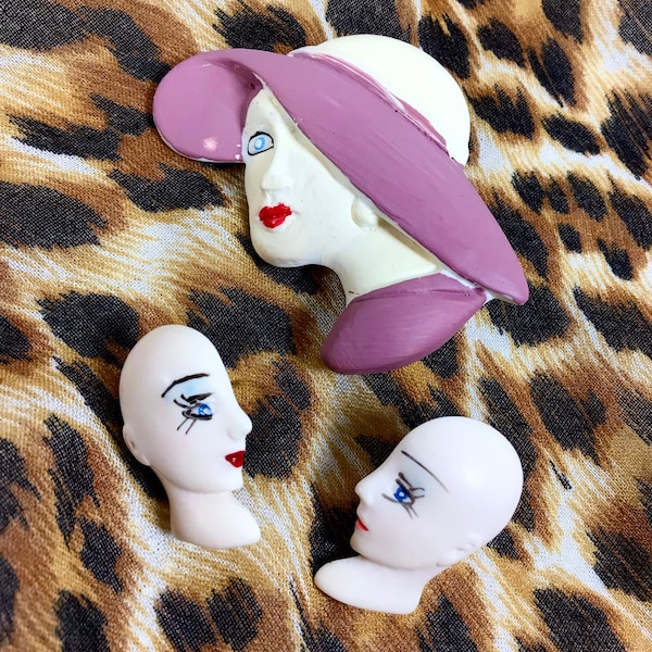 Vtg Macabre Ceramic Painted Lady Head Brooch and Earrings Set