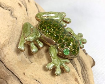 1980s Signed Enamel Rhinestone Froggy Brooch