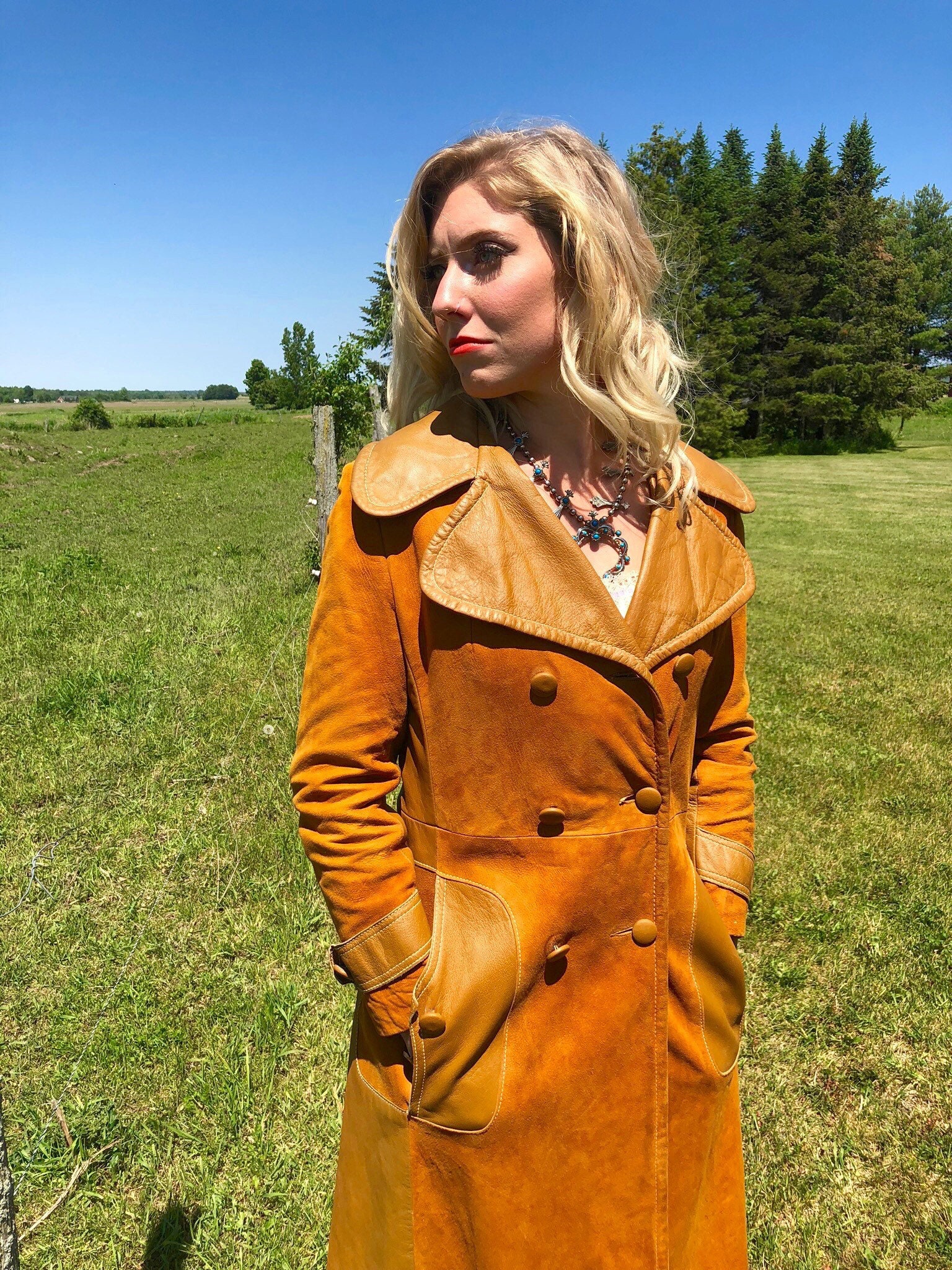1960s Mustard Leather and Suede Blocked Western Duster Jacket size S