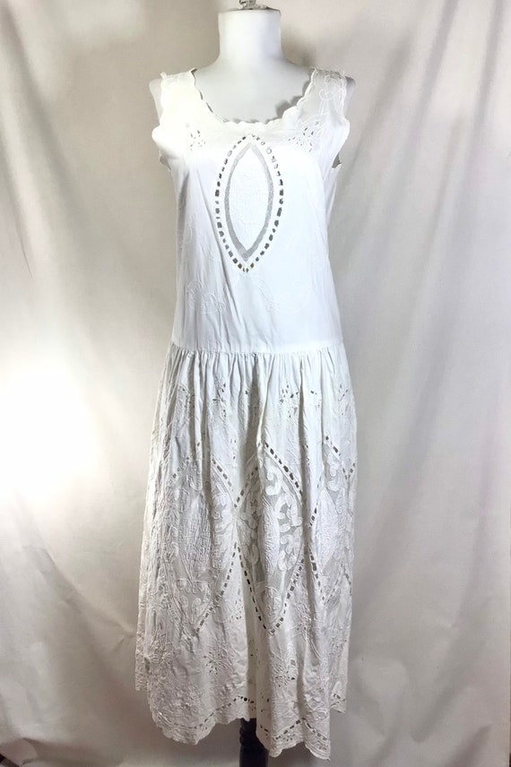 Vtg Romantic Cotton Lace Cutout Drop Waist Dress … - image 2