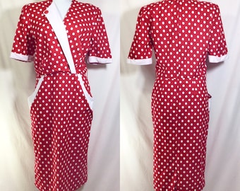 Vtg Cotton Polka Dot Wiggle Dress with Contrast Trim and POCKETS size M