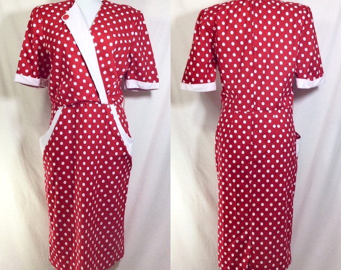 Featured listing image: Vtg Cotton Polka Dot Wiggle Dress with Contrast Trim and POCKETS size M