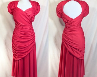 1980s Red Rouched Sweetheart Party Dress with Open Back size M/L